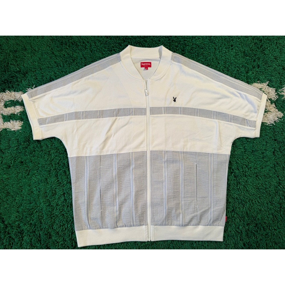 Supreme Playboy Zip Up Shirt Mens XL White Seersucker Excellent Short Sleeve
